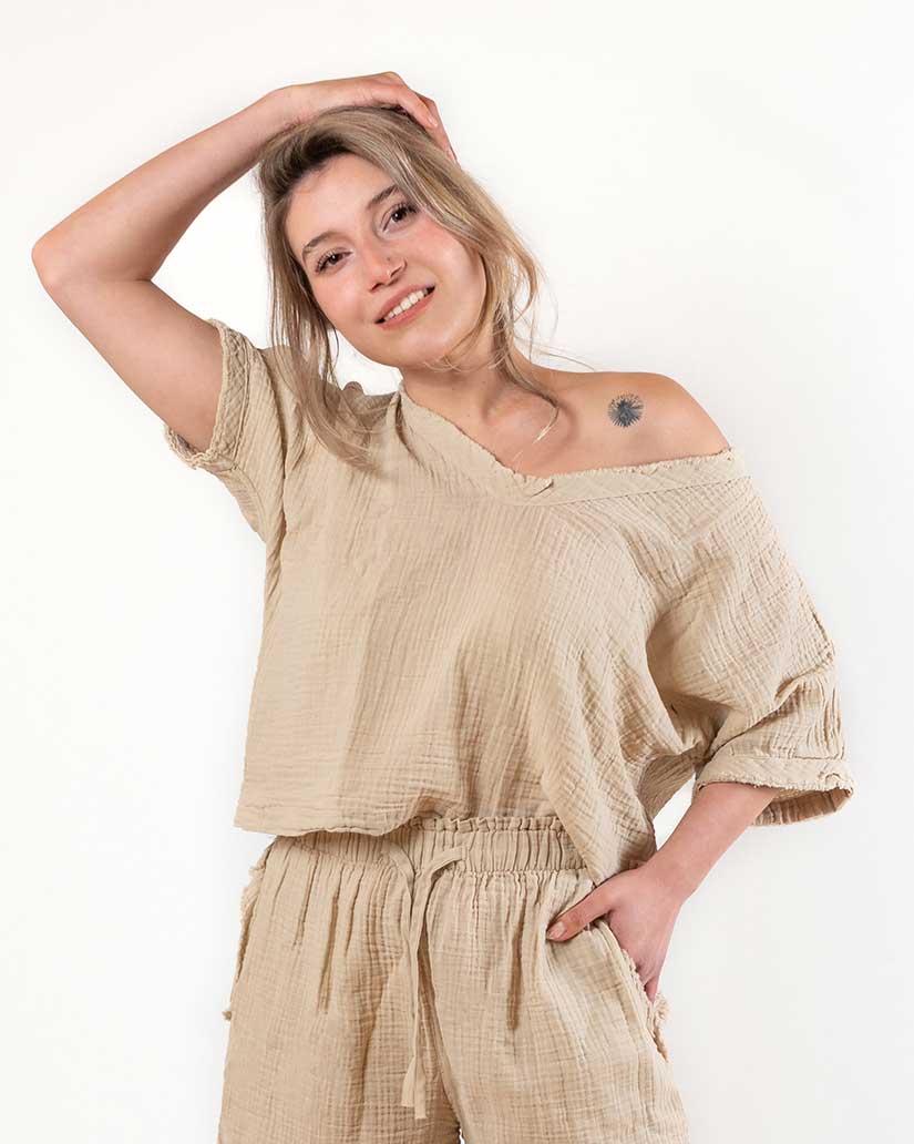 Faven Muslin Cotton Top- Beige