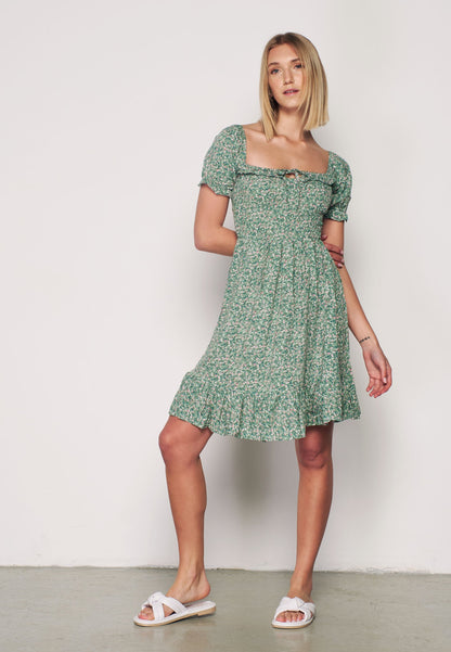 Small Floral Patterned Dress with Guipeli String Ties