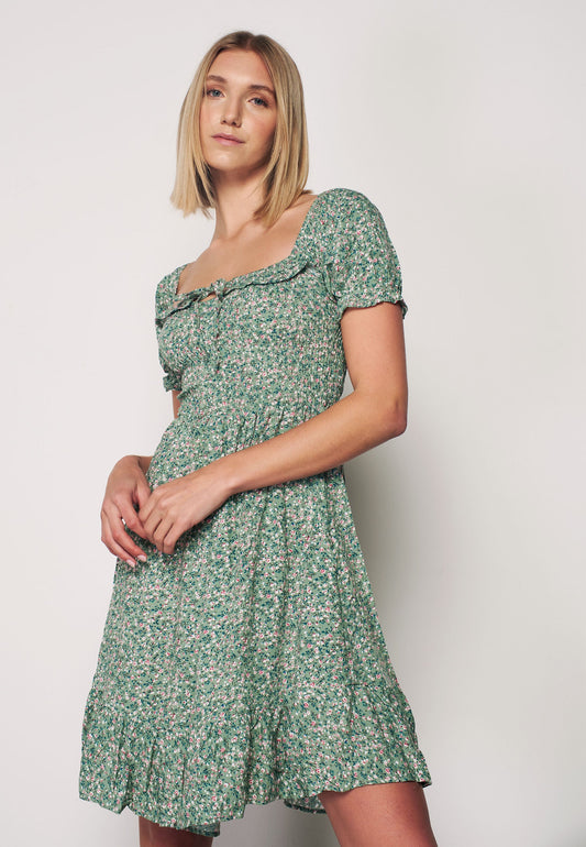 Small Floral Patterned Dress with Guipeli String Ties