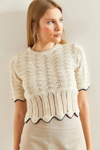 Patterned Sweater Blouse - Beige