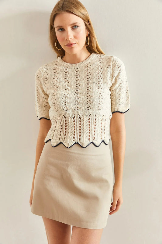 Patterned Sweater Blouse - Beige