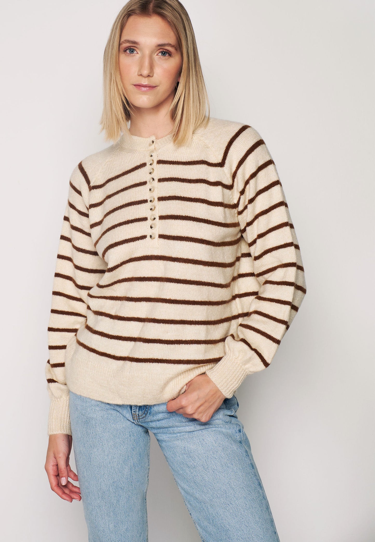 Herita Women's Turtleneck Striped Knit Sweater with Buttonhole Collar