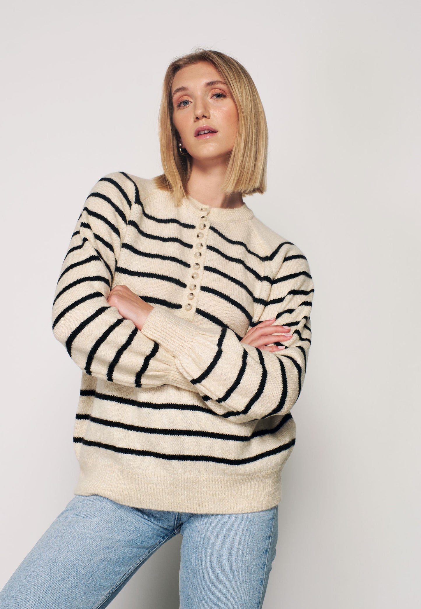 Herita Women's Turtleneck Striped Knit Sweater with Buttonhole Collar