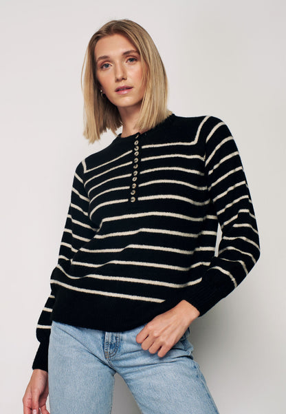 Women's Turtleneck Striped Knit Sweater with Buttonhole Collar