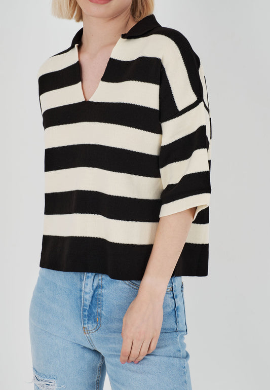 Polo Collar Striped Oversized Sweater