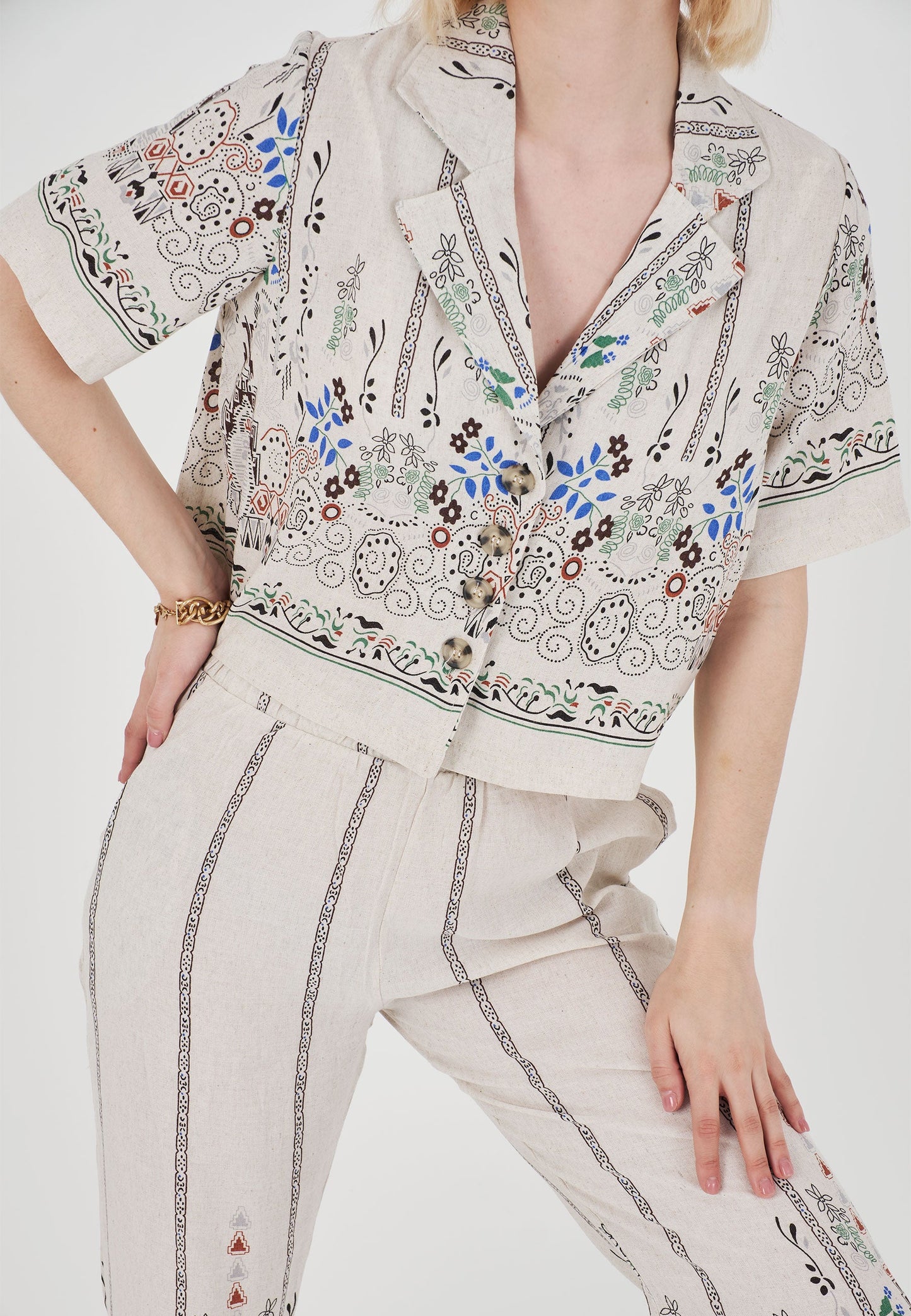 Short Sleeve Ethnic Linen Crop Shirt Pants Set