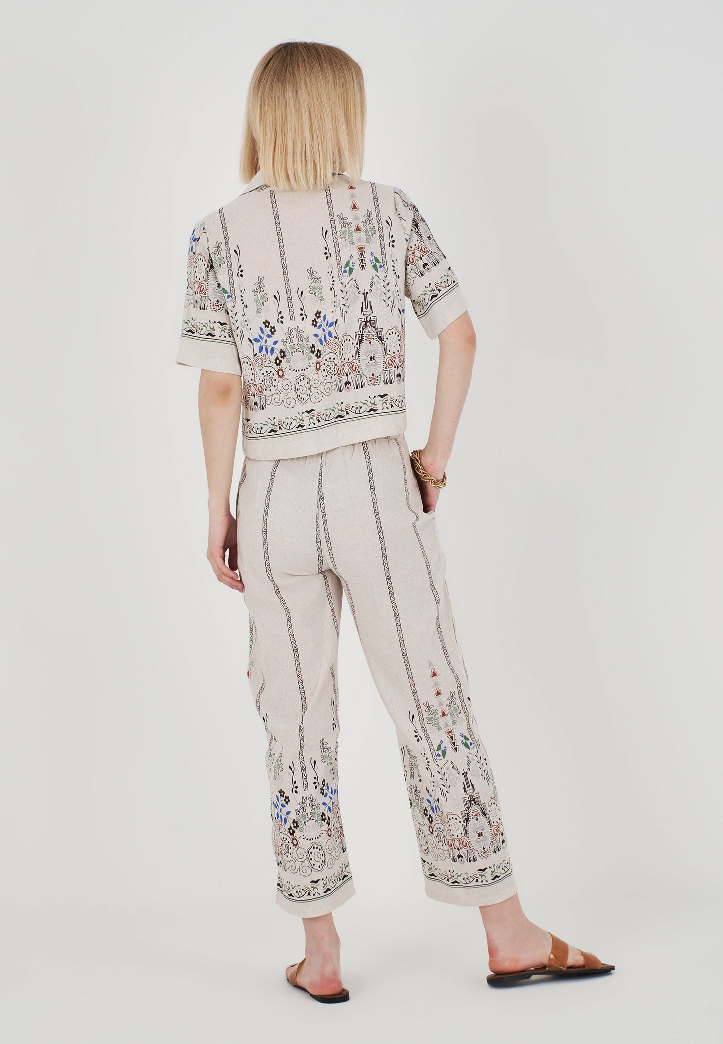 Short Sleeve Ethnic Linen Crop Shirt Pants Set