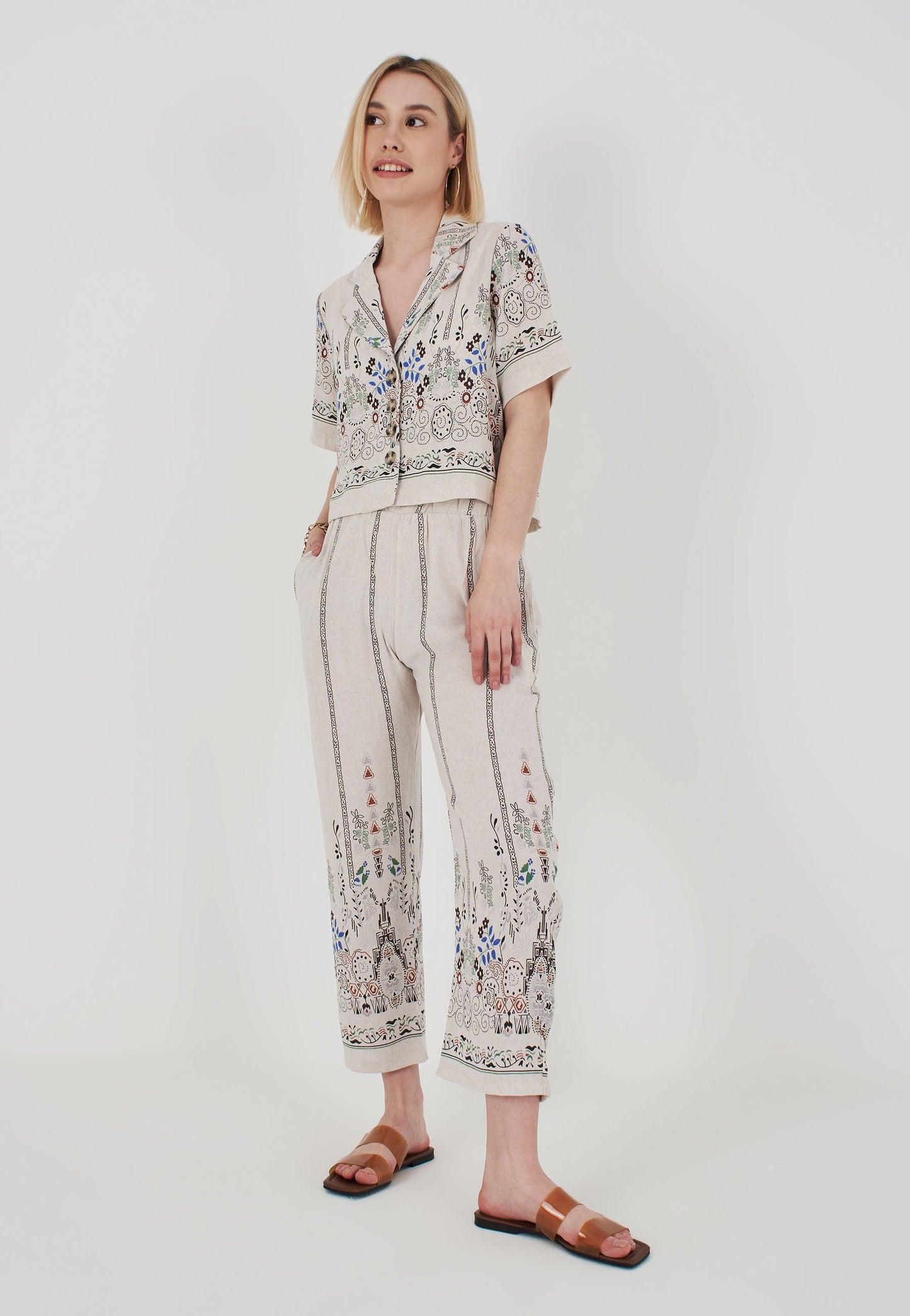 Short Sleeve Ethnic Linen Crop Shirt Pants Set