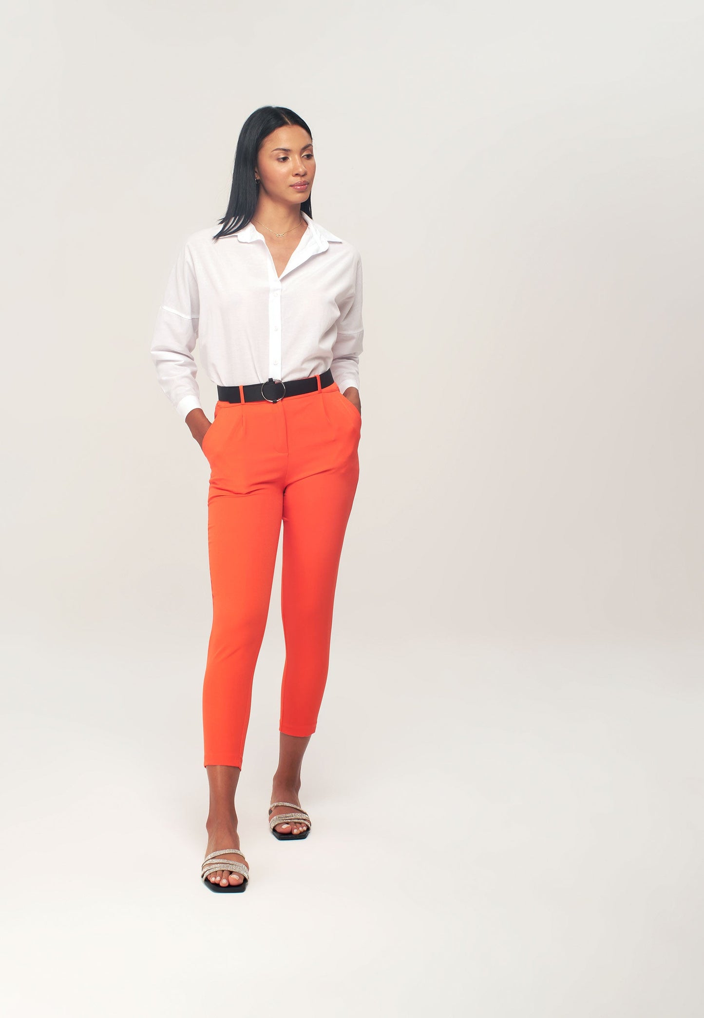 Women's Belted Trousers with Elasticated Waistband