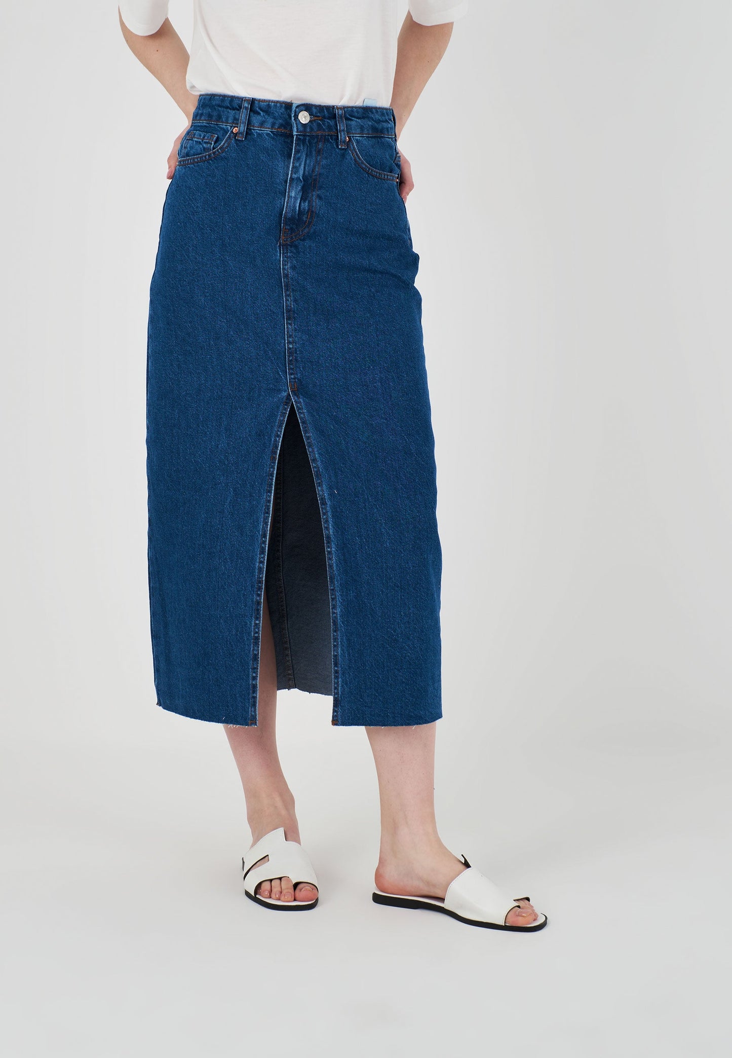 Women's Laser Cut Denim Skirt with Slits