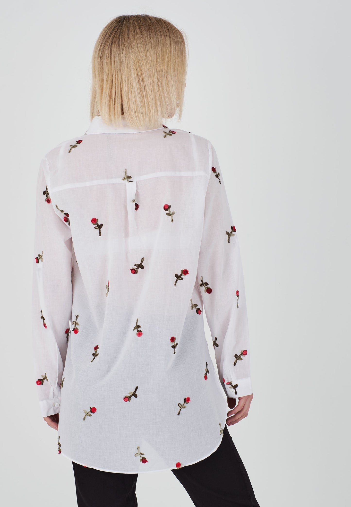 Women's Rose Embroidered Sleeve Folded Cotton Linen Shirt