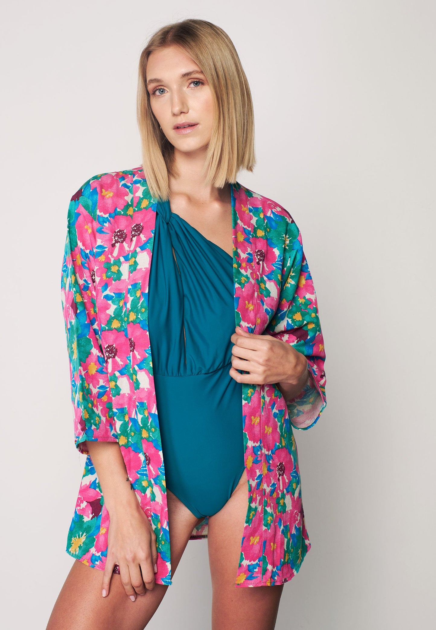 Women's Multi Patterned Linen Kimono - Fuschia