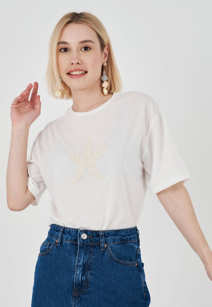 Star Pearl Stone Embroidered Combed Tshirt