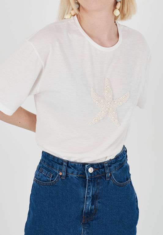 Star Pearl Stone Embroidered Combed Tshirt