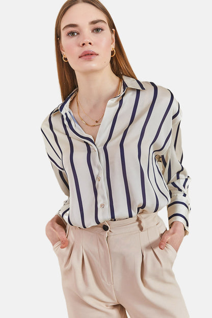 Herita Women's Cuff Sleeve Striped Satin Shirt