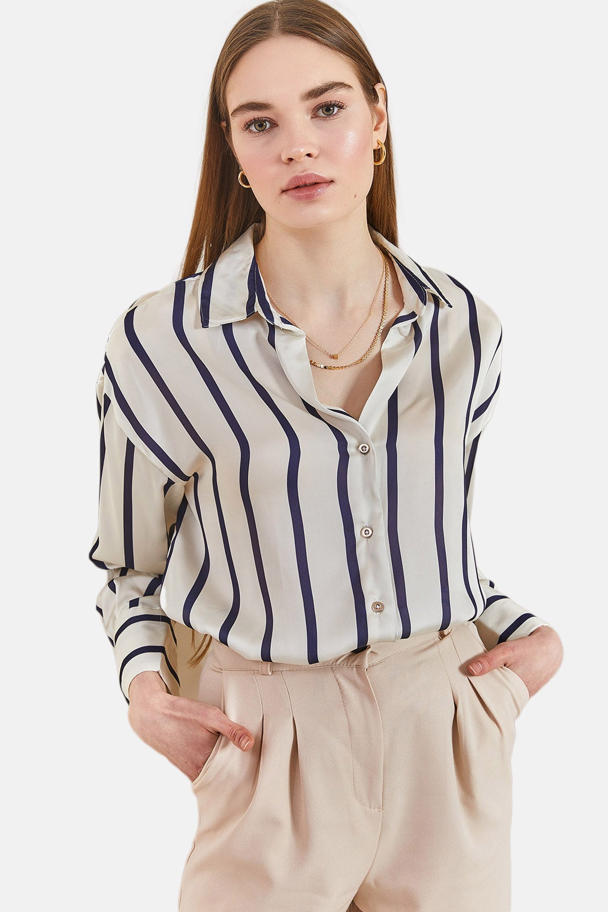 Herita Women's Cuff Sleeve Striped Satin Shirt