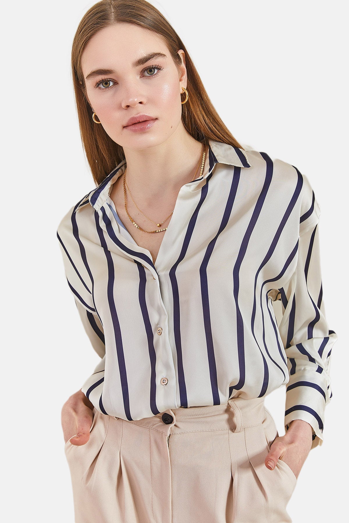 Herita Women's Cuff Sleeve Striped Satin Shirt