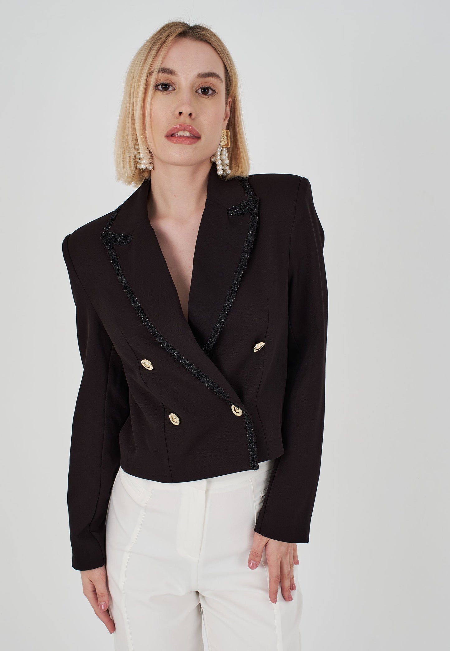 Glitter Striped Double Breasted Collar 4-Button Jacket - Black