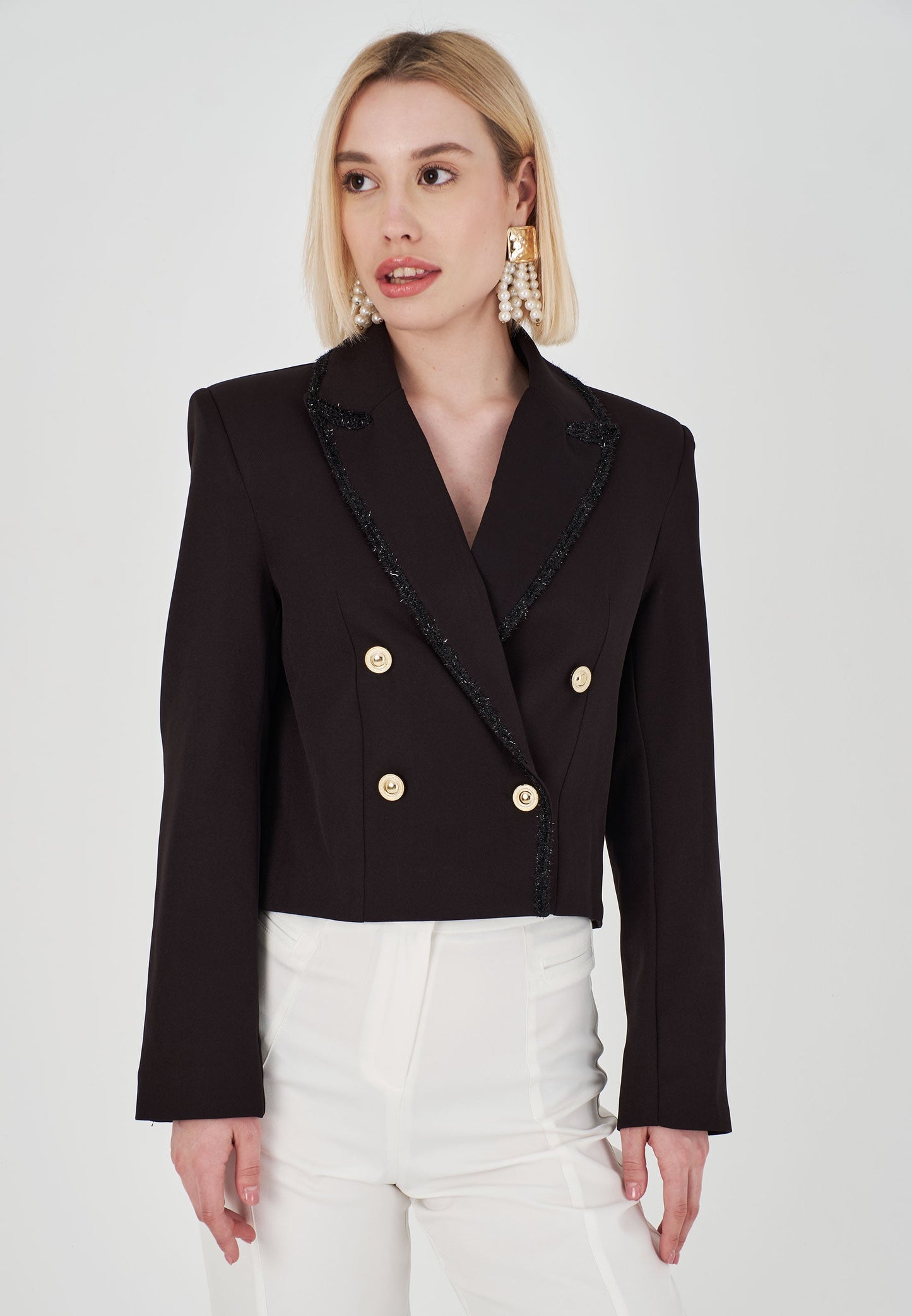 Glitter Striped Double Breasted Collar 4-Button Jacket - Black