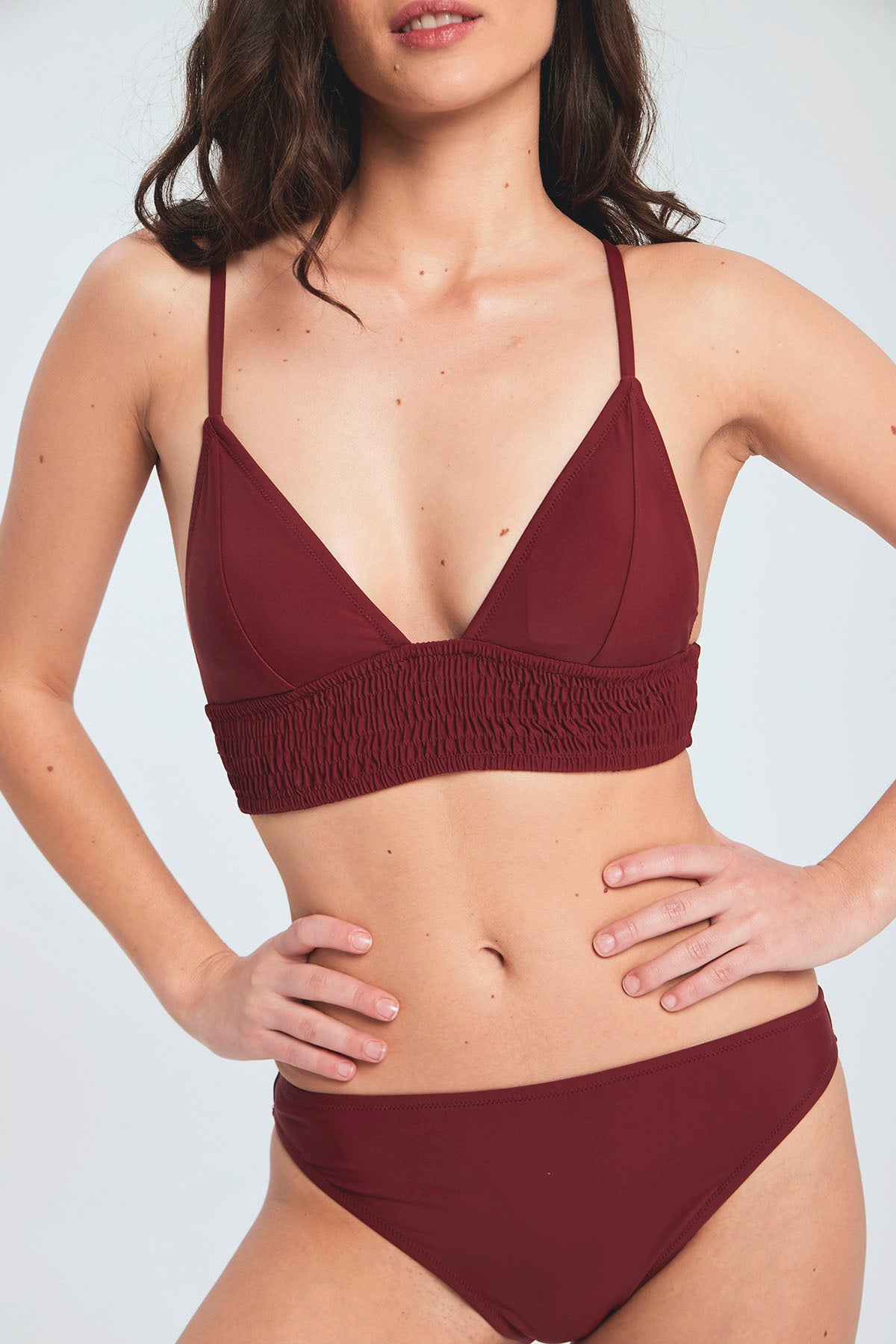 Smocking Padded Bikini Set - Maroon