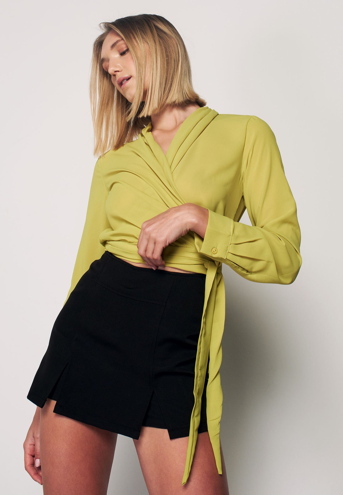 CREPE - Patterned Wrap Blouse - Yellow