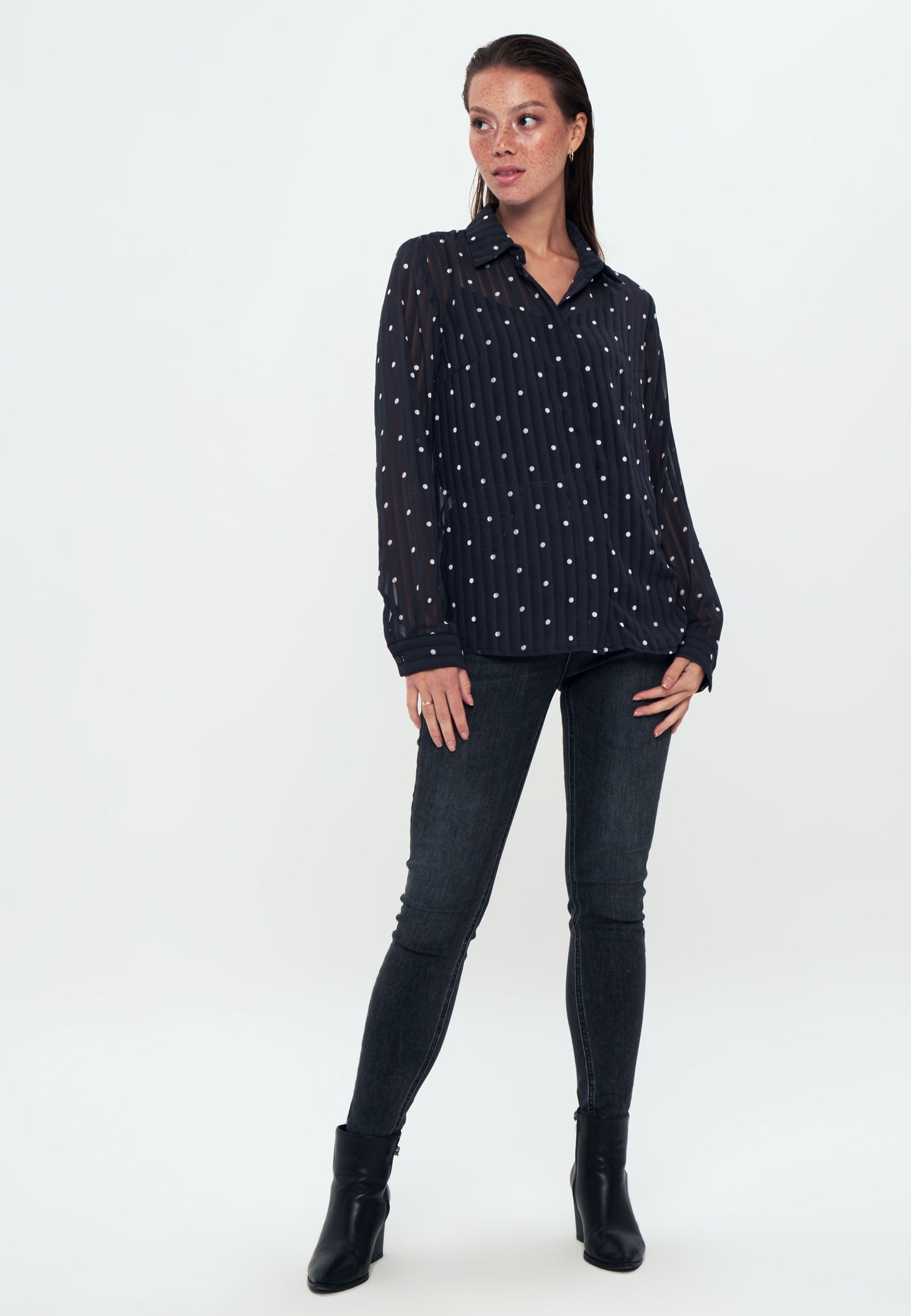 Tulle - Chiffon - Long Sleeve Shirt - Navy blue white polka dot