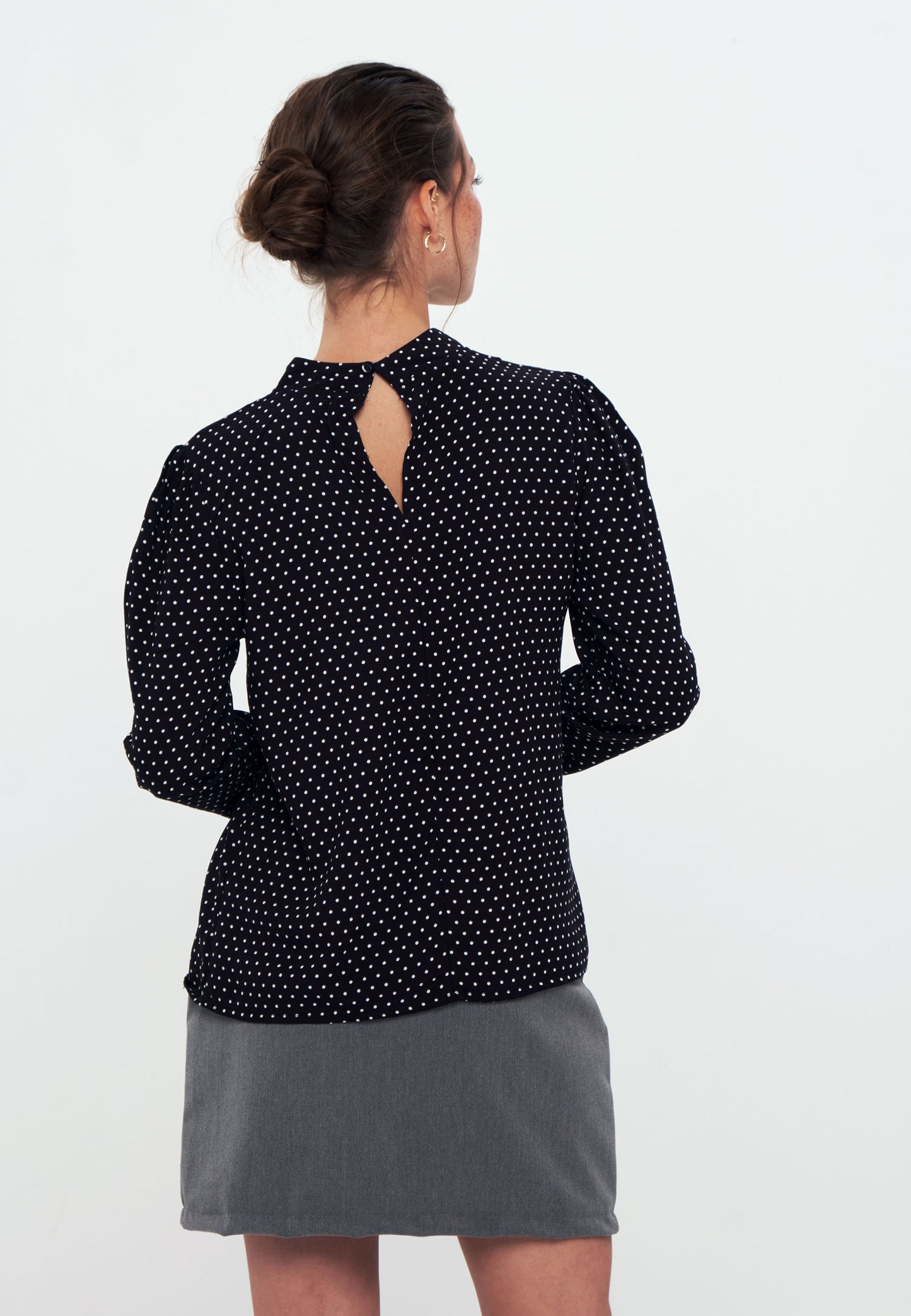 Standing Collar Long Sleeve Shirt Blouse - Black white spot