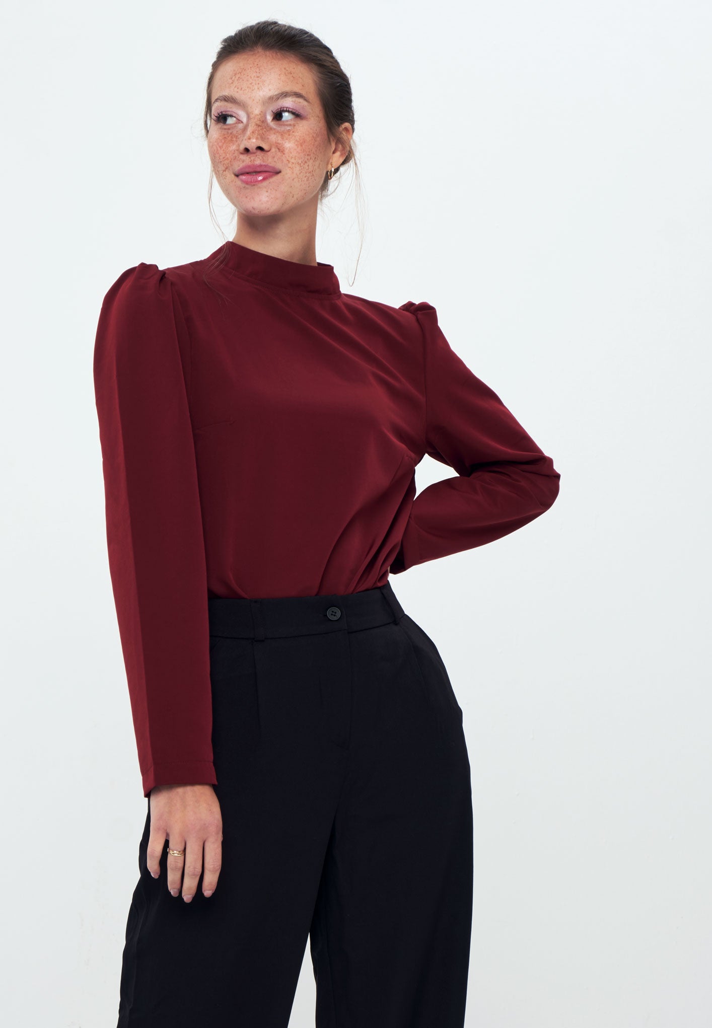 Standing Collar Long Sleeve Shirt Blouse - Burgundy