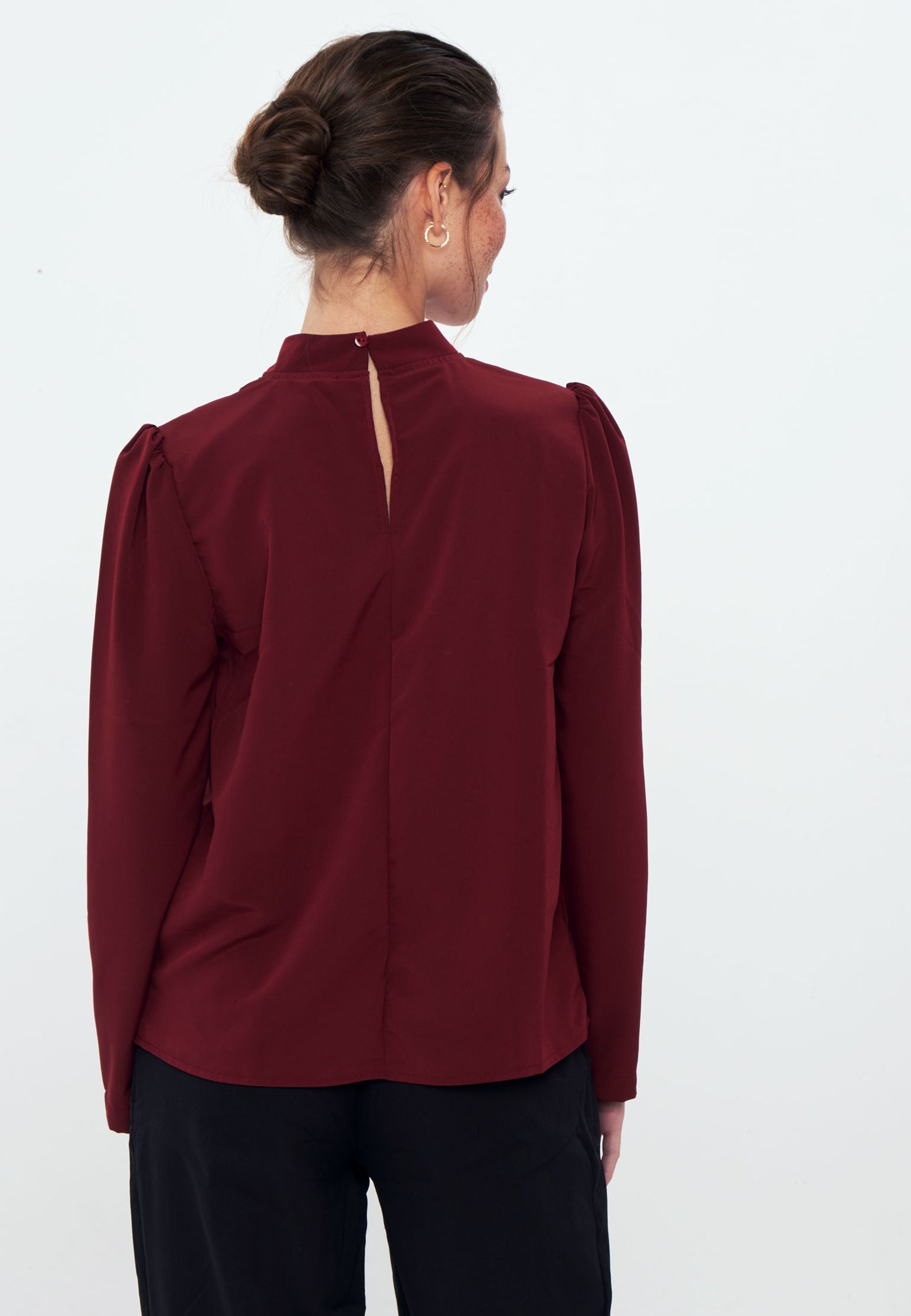 Standing Collar Long Sleeve Shirt Blouse - Burgundy