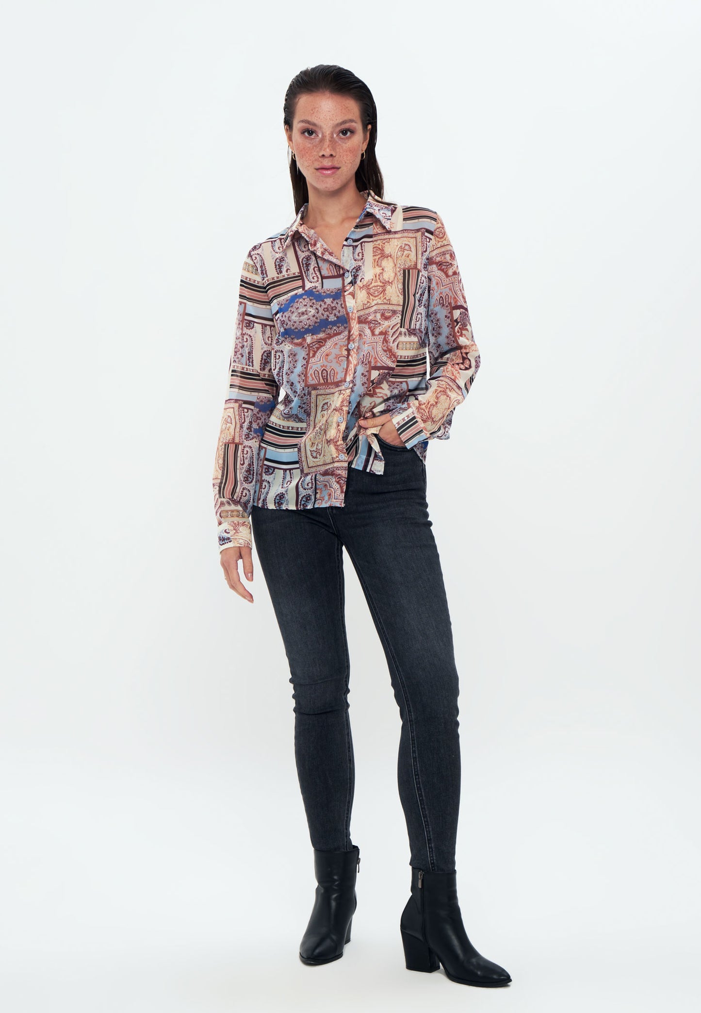 Printed - Long Sleeve Shirt - Beige blue