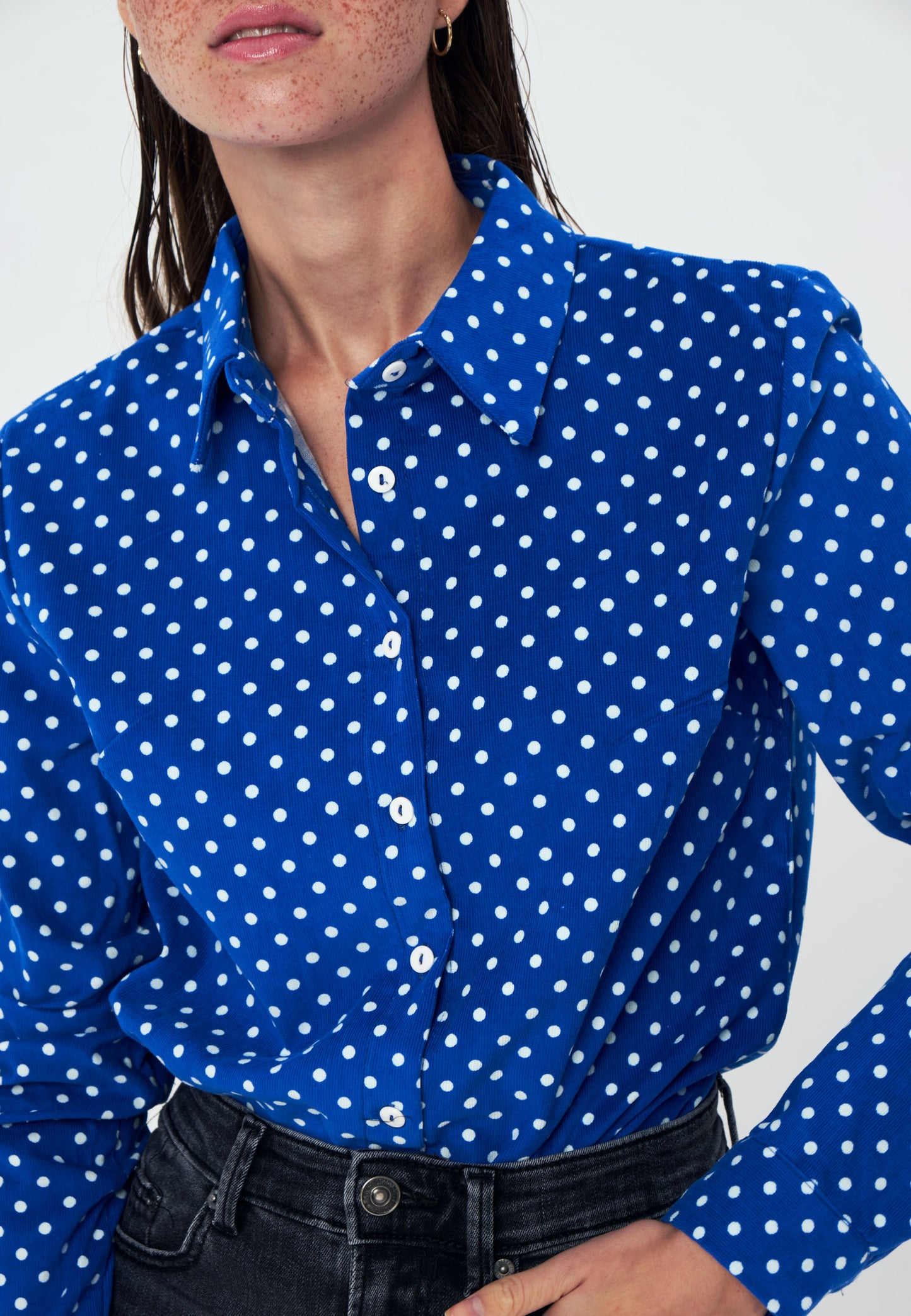 Herita Velvet Long Sleeve Shirt Blue white polka dot