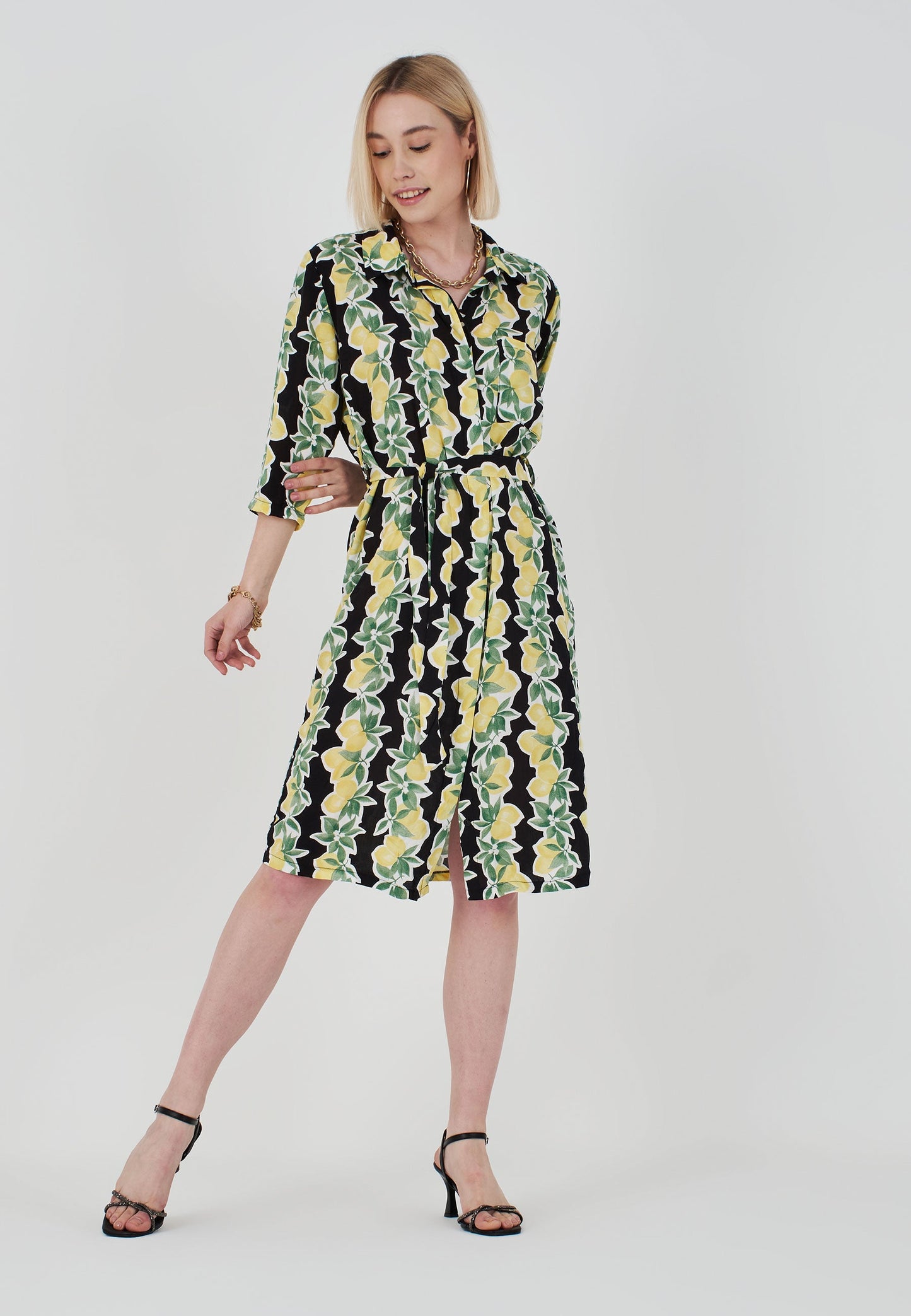 Herita Lemon Patterned Shirt Dress Black & Yellow