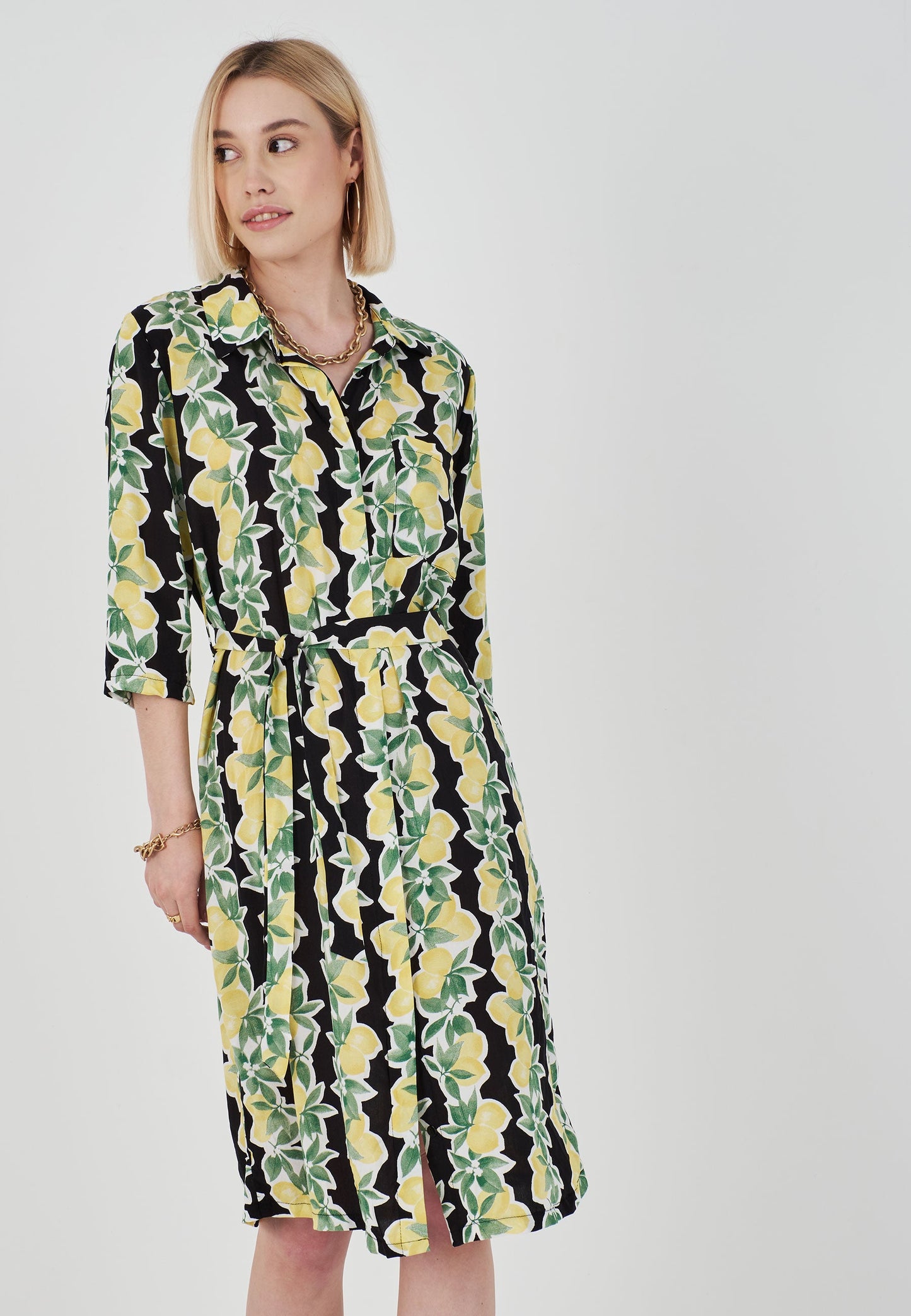 Herita Lemon Patterned Shirt Dress Black & Yellow