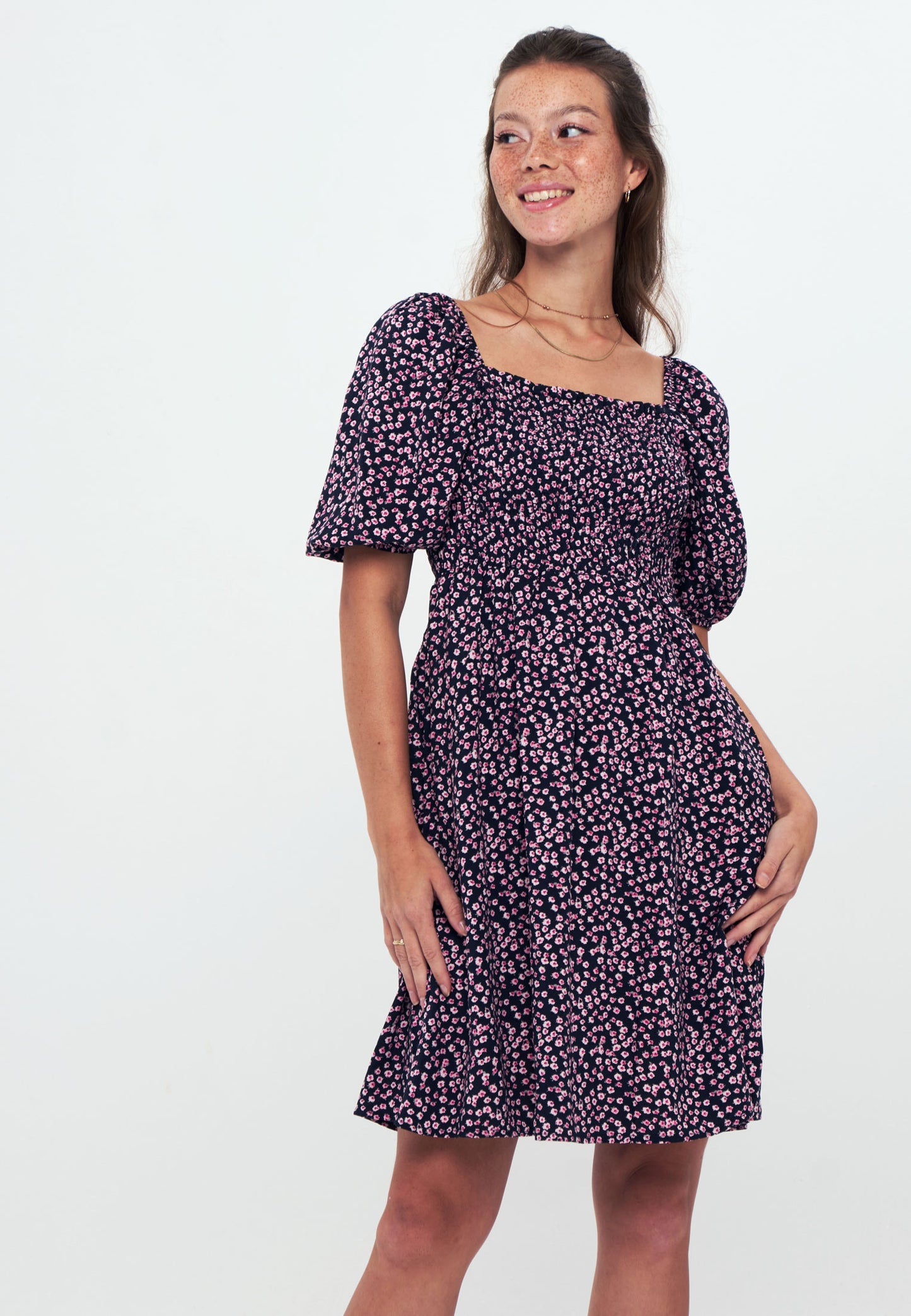 Printed Smock Dress - black purple meadow