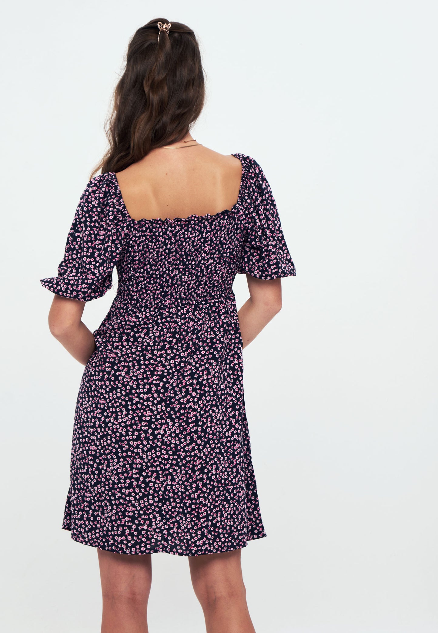 Printed Smock Dress - black purple meadow