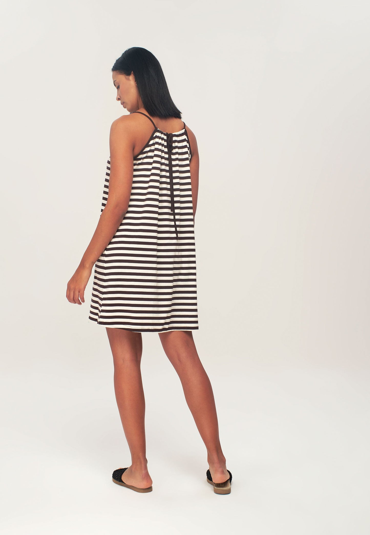 Dark Brown Striped Halter Neck Dress