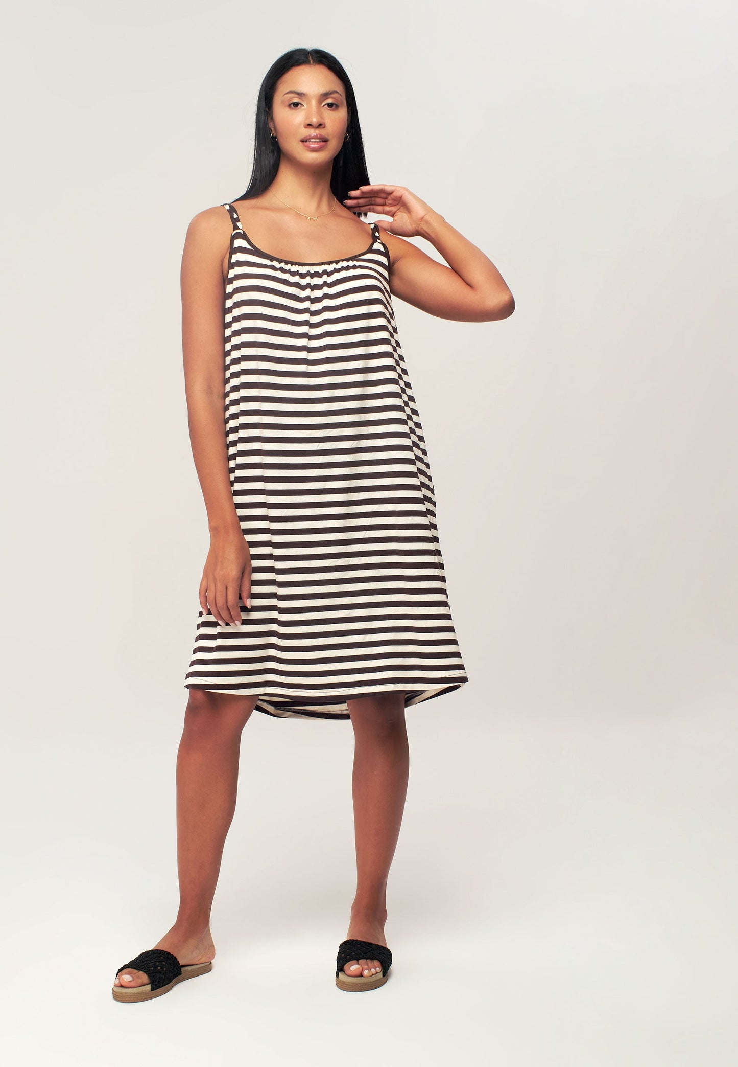 Dark Brown Striped Dress with Straps