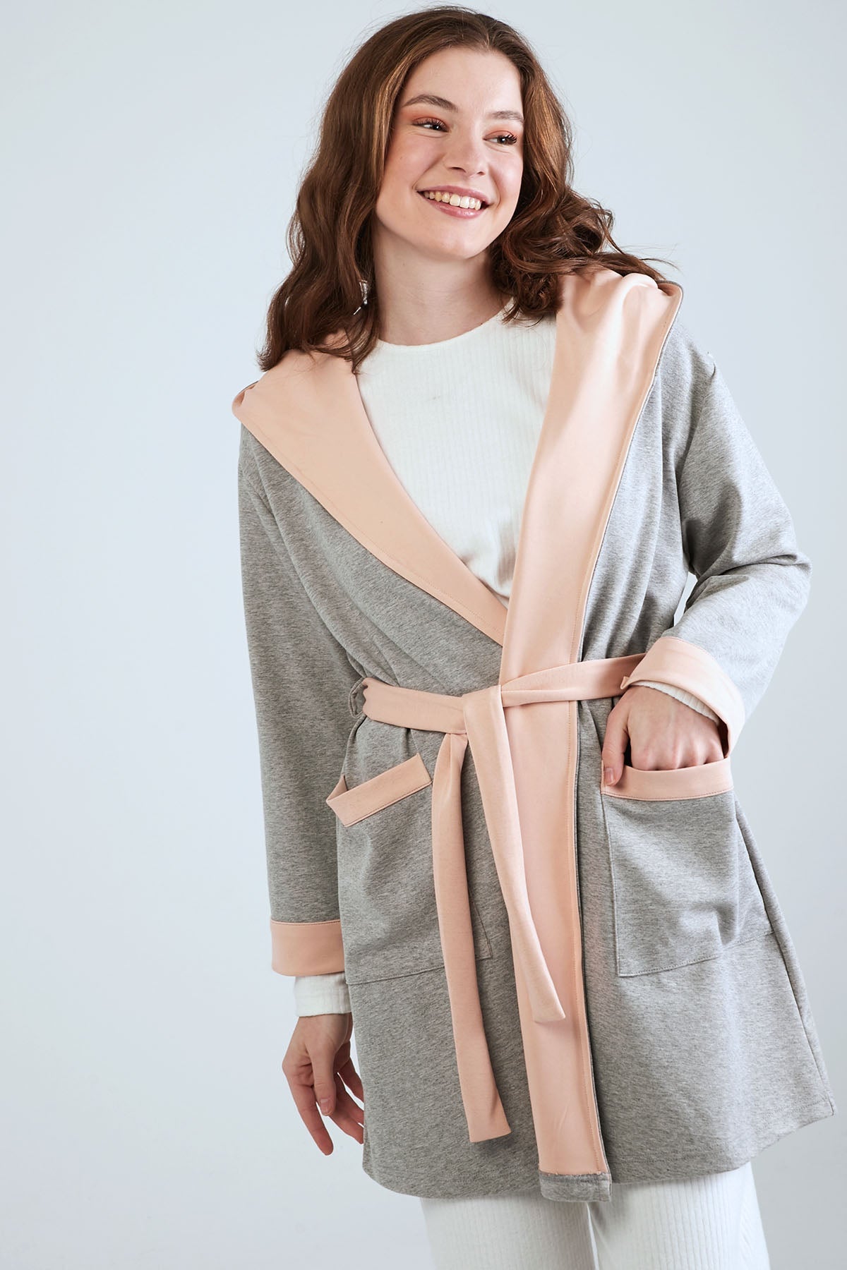 Grey Pink Cotton Dressing Gown