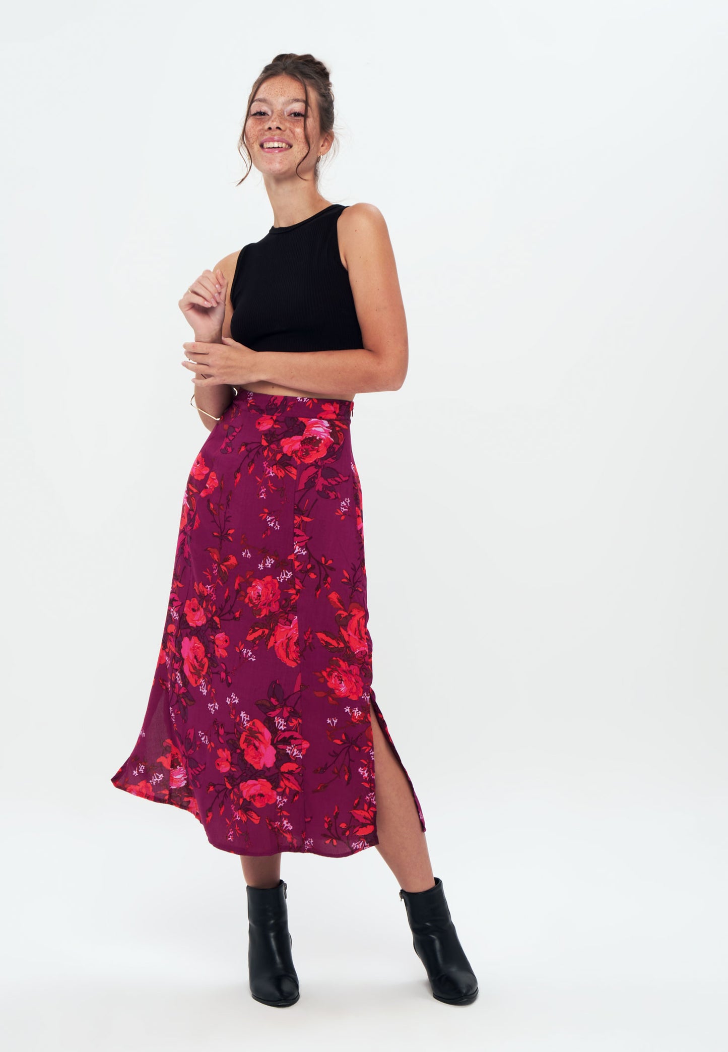 Herita Printed Long Slit Skirt Fuchsia floral