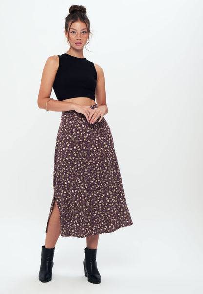 Herita Printed Long Slit Skirt Brown