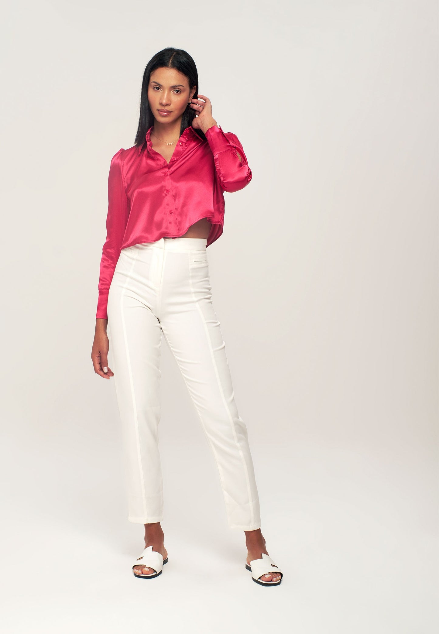 Satin Crop Shirt - Fuchsia