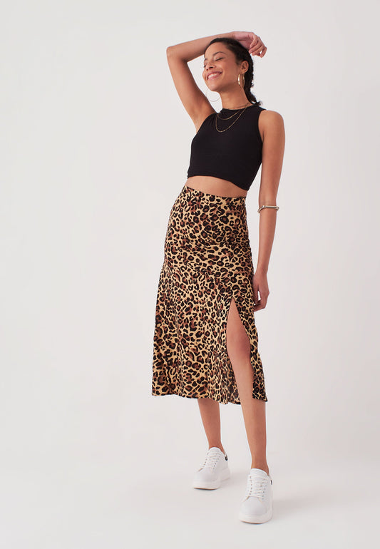 Women's Midi Length Leopard Print Skirt with Slits