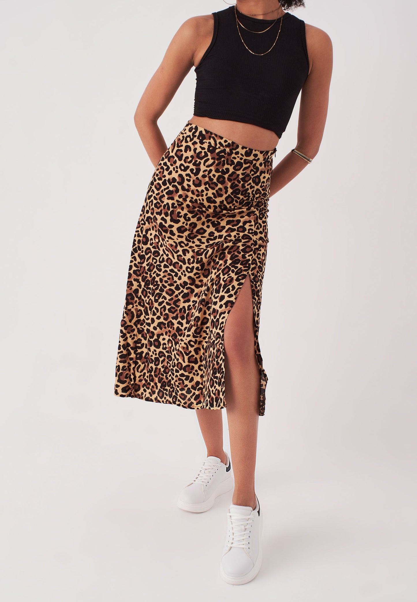 Women's Midi Length Leopard Print Skirt with Slits