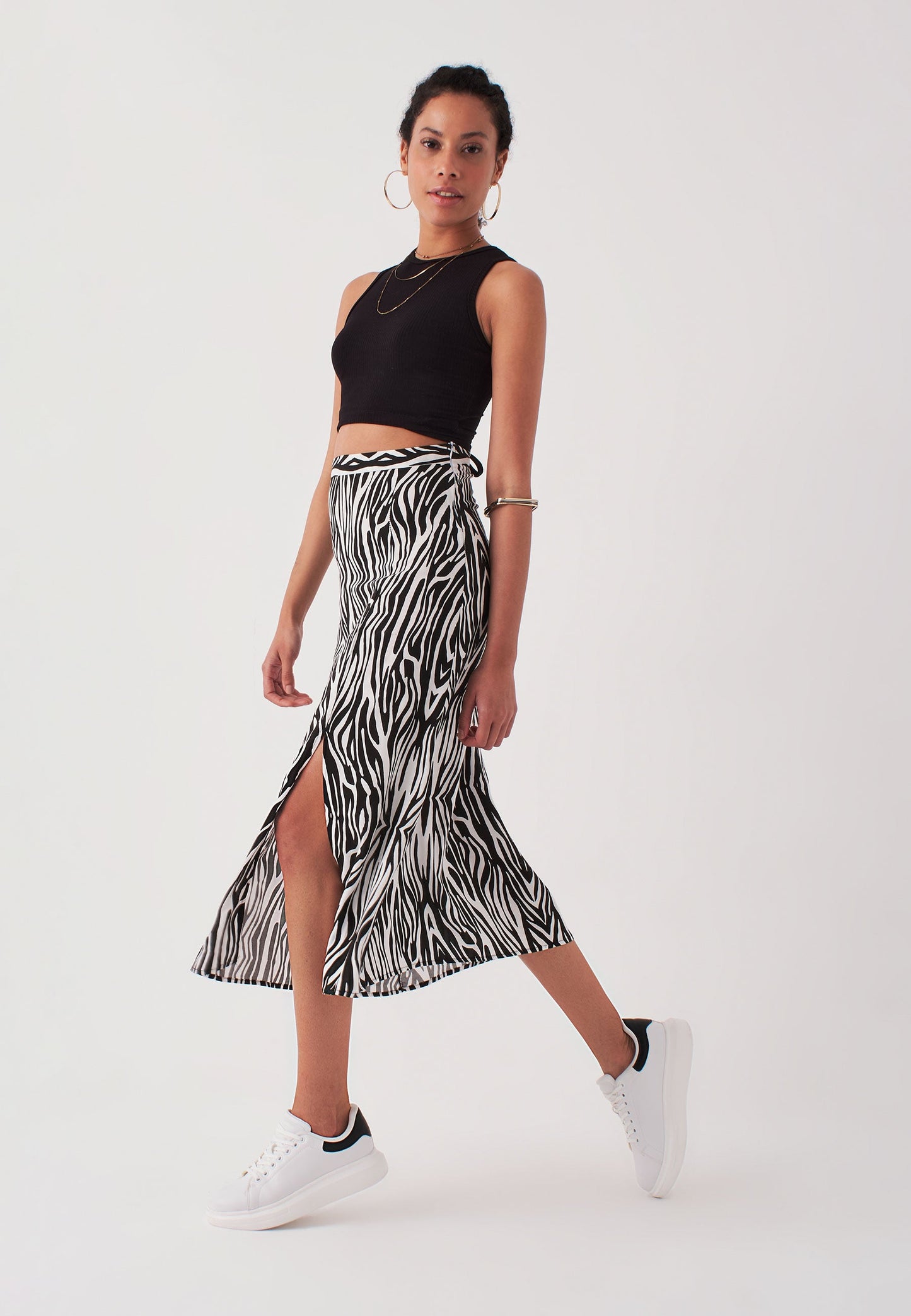 Women's Midi Length Zebra Print Skirt with Slits