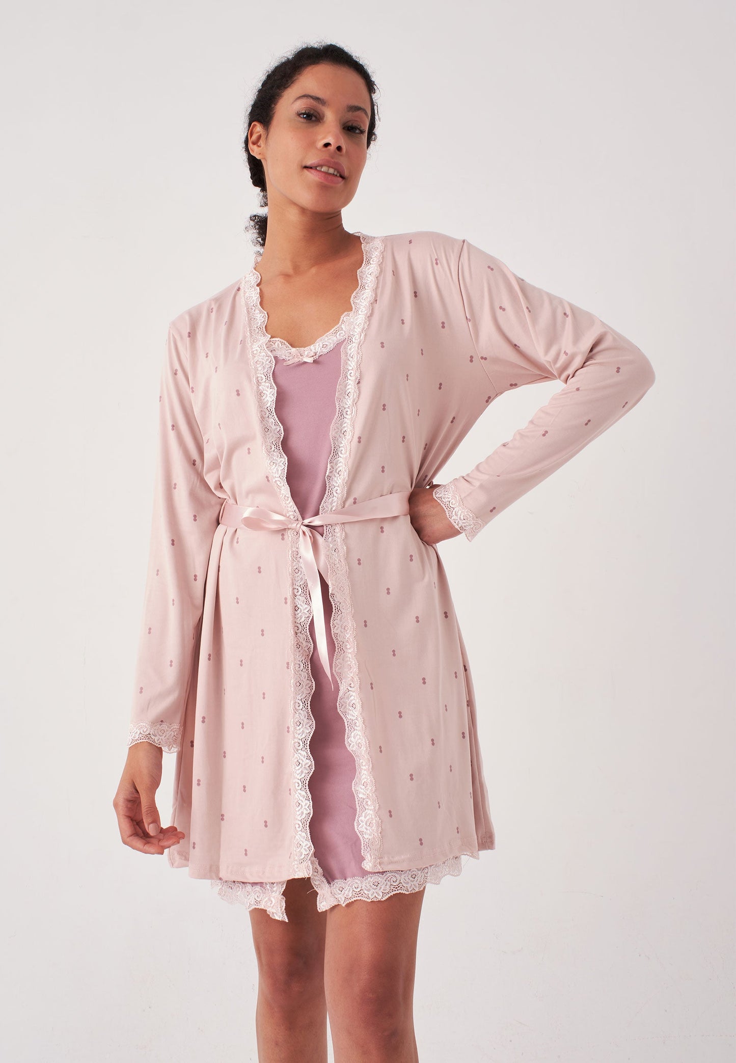 Herita Polka Dot & Lace Patterned Lace Dressing Gown 2 Piece Set