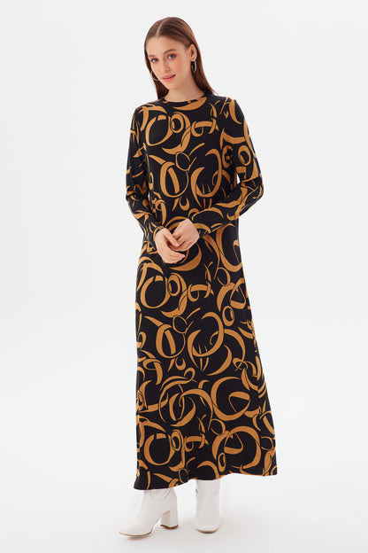 MUNI MUNI - Printed Long Viscose Dress - black brown