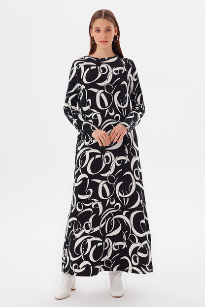 MUNI MUNI - Printed Long Viscose Dress - black white