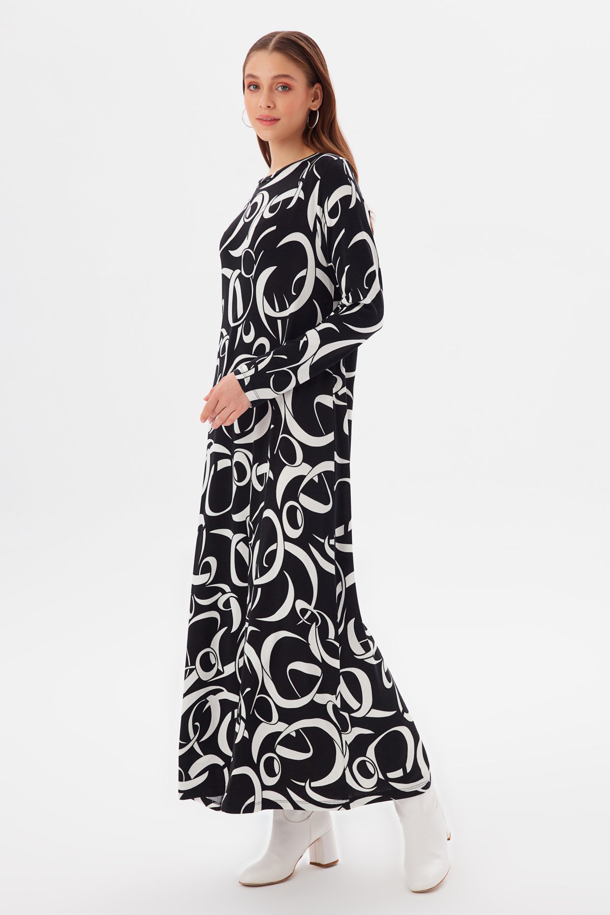 MUNI MUNI - Printed Long Viscose Dress - black white