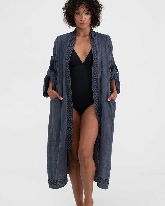 Handmade Black Tree Printed Kimono  - Anthracite