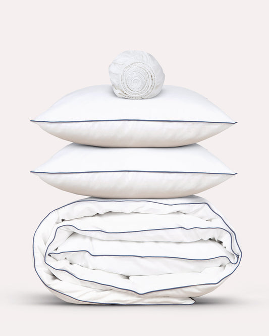 Classic Percale - Core Bedding Set - White with Navy Blue Piped Edge